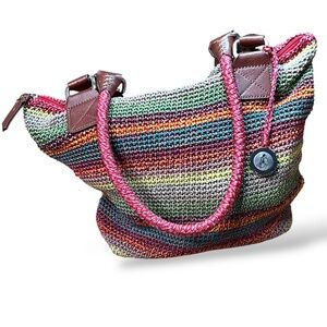 THE SAK Cambria Crochet Colourful Stripe Tote Shoulder Bag 10” Strap Drop